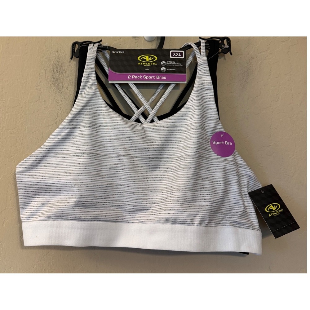 Athletic Works Sport Bra Girls XXL Black White Striped Multi-Strap 2 Pack NEW